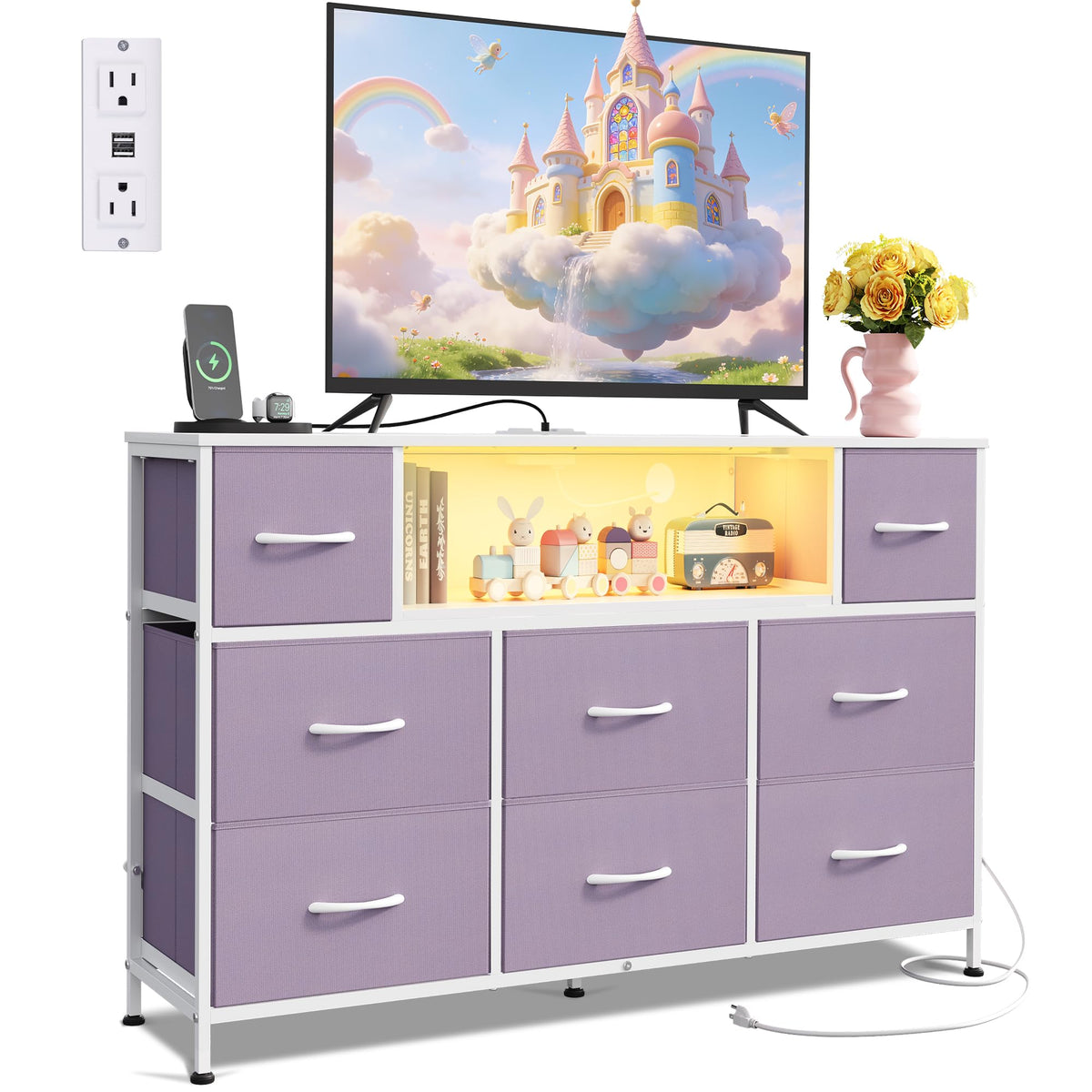 WLIVE LED Black Dresser TV Stand for 55 Inch TV, 8 Drawers