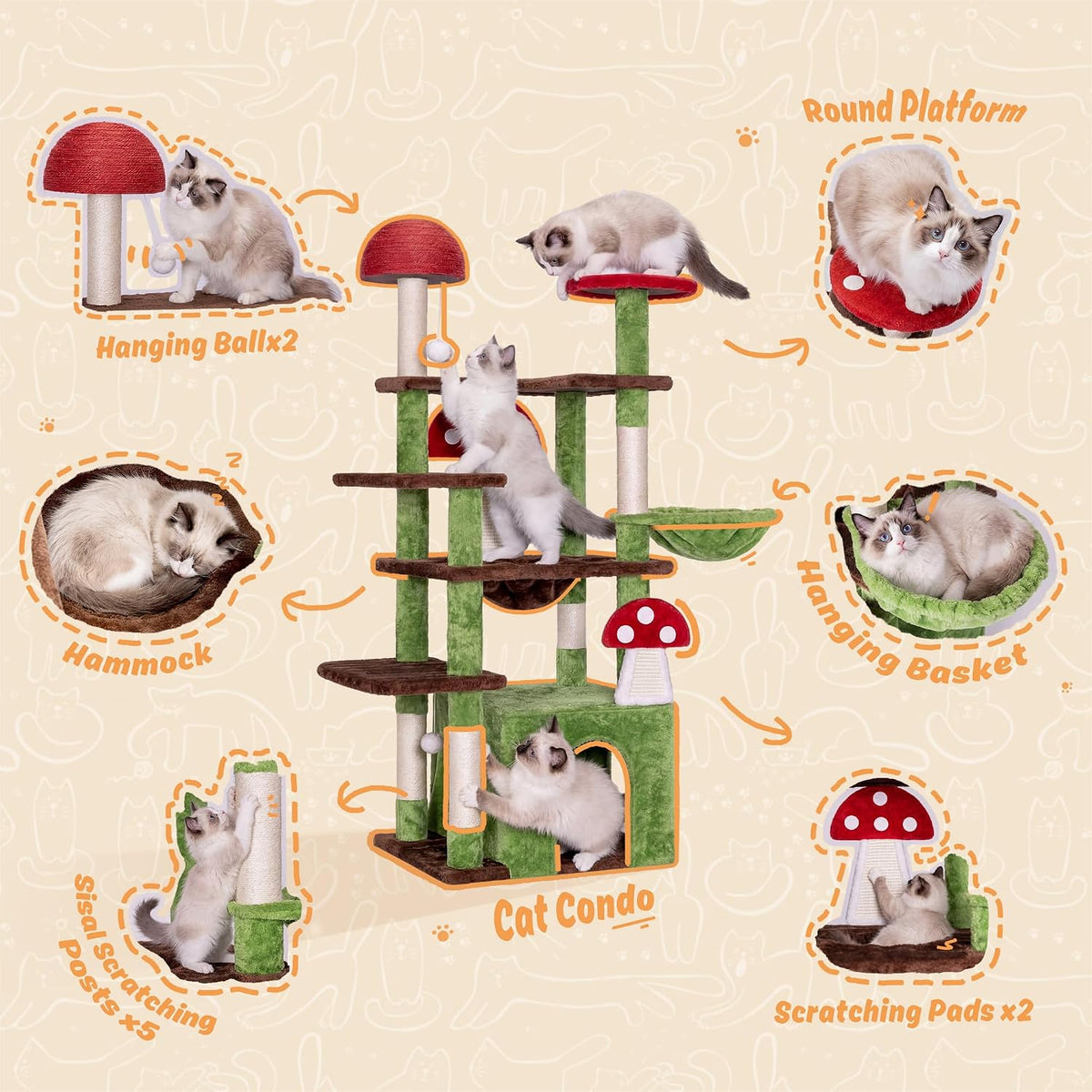 IRONCK 58" Cute Mushroom Cat Tree with Condo and Hammock