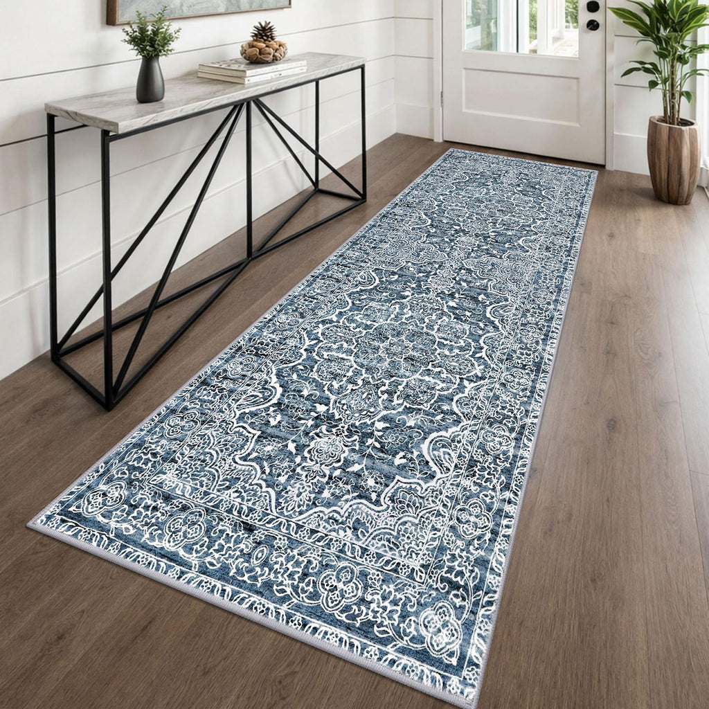 KUTA Vintage Extra Long Runners for Hallways 2.6x18ft Washable Blue White