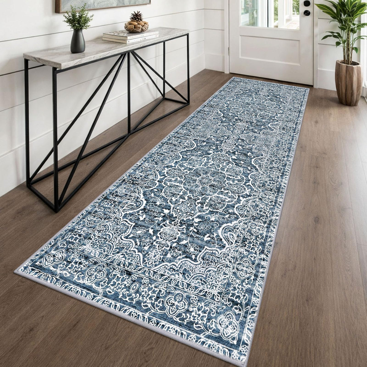 KUTA Vintage Extra Long Runners for Hallways 2.6x18ft Washable Blue White