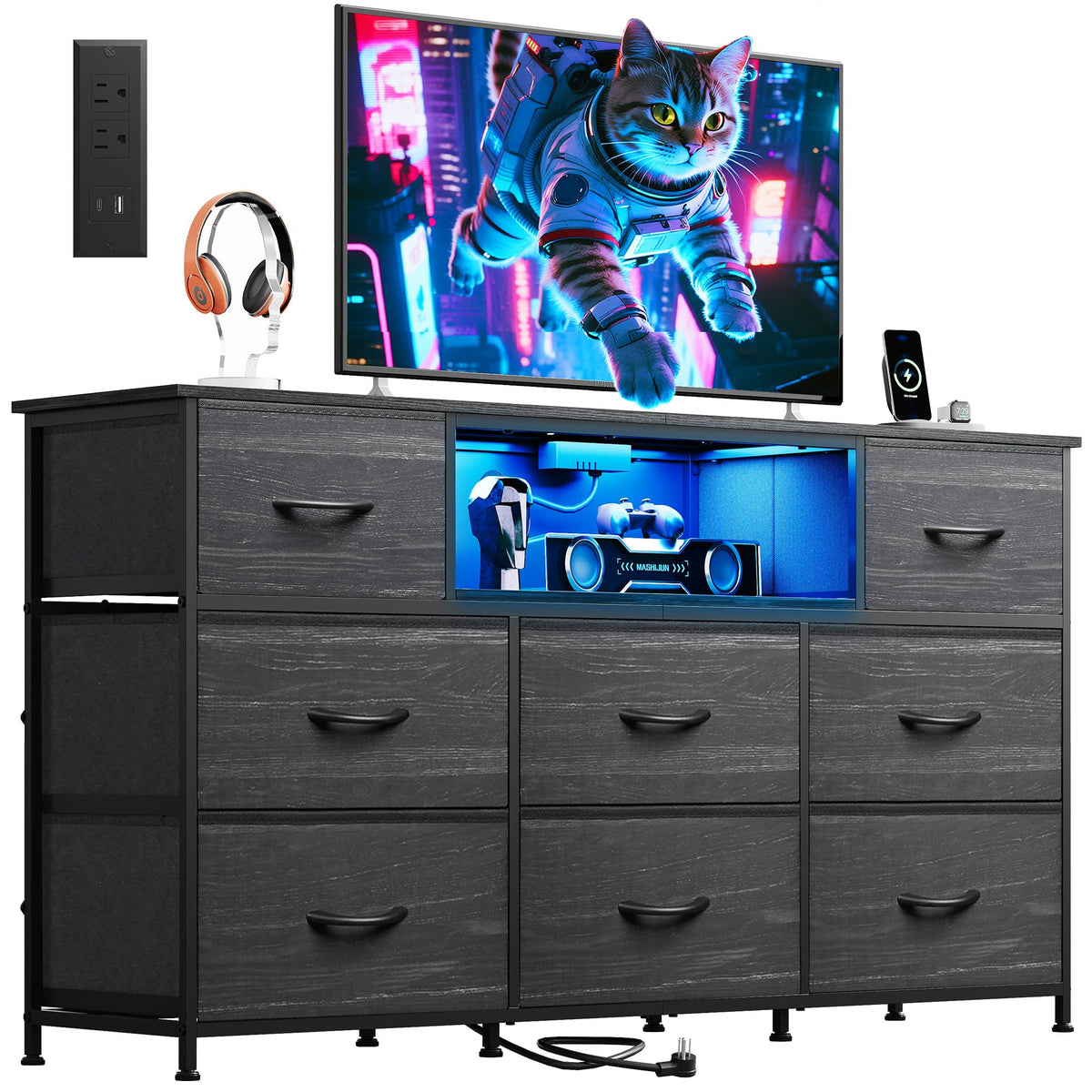 WLIVE LED Dresser TV Stand for 75 Inch TV, 12 Drawers, Black