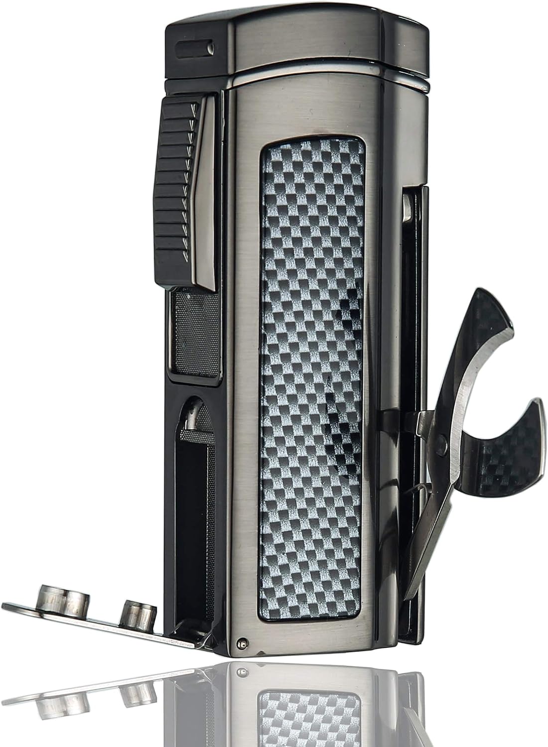 Table Cigar Lighter Large Size Windproof Lighters Metal Torch Butane Lighter 4 Jet Red Flame Refillable Lighters with Two Tools Cigar Punch and Cigar Scissors (Gunmetal)