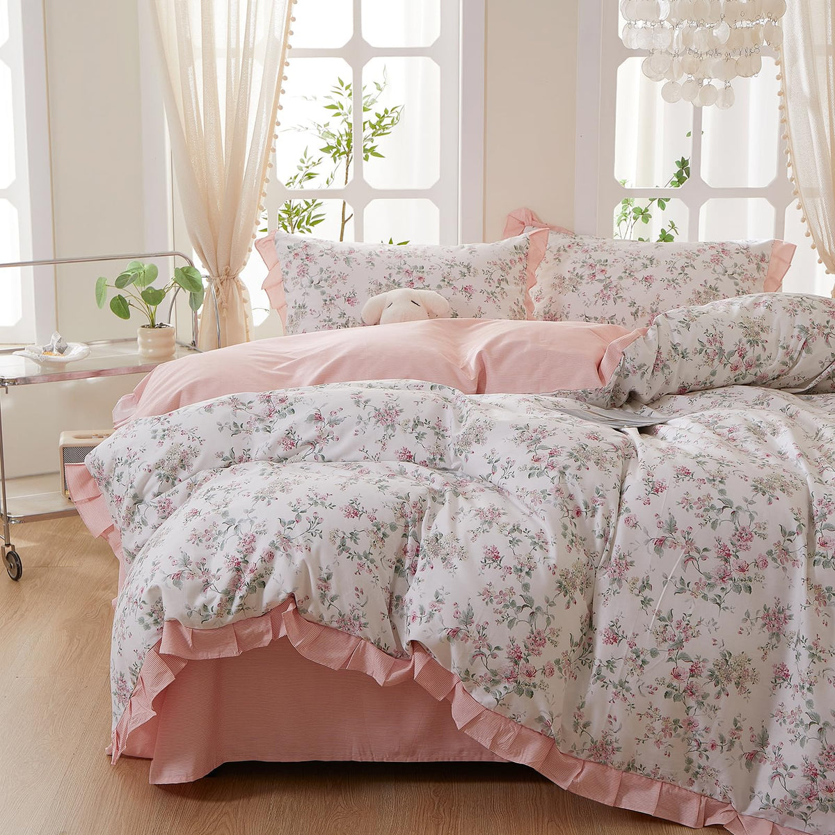 Floral Duvet Cover Set Muslin Cotton Queen(90"x90"),Pink Flower