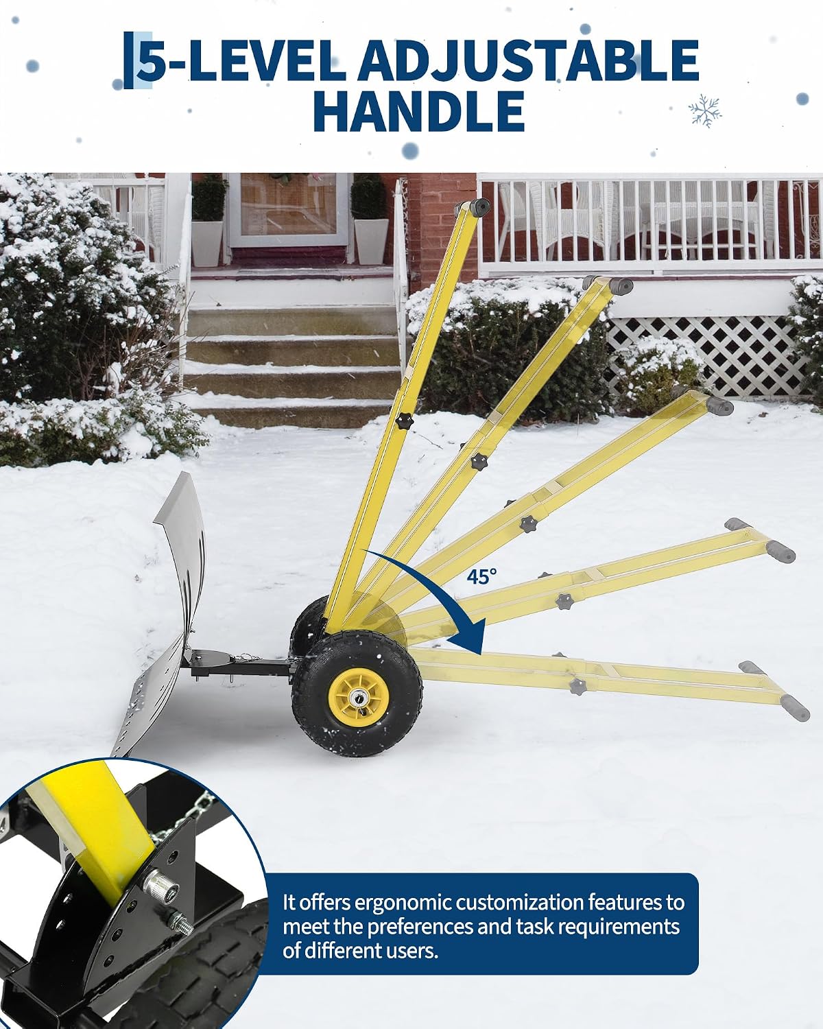 Snow Shovel with Wheels for Driveway, 29" W X 19.8" H Heavy Duty Double Rod