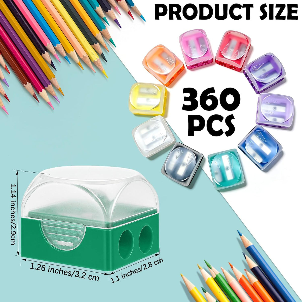 Aodaer 360 Pcs Pencil Sharpeners Bulk Manual Dual Hole Pencil Sharpener with Lids Crayon Colored Pencils Sharpener for Classroom, Office, School, Home Art Supplies
