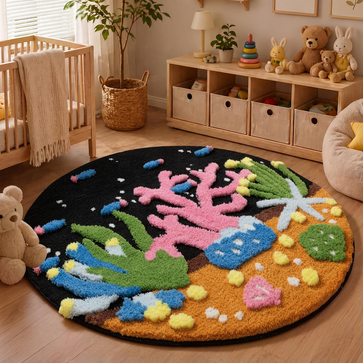 YIHOUSE 4ft Moss Round Area Rug 3D Cute Green Grass Rugs for Bedroom Machine Washable Non-Slip Boho Circle Rug Soft Fluffy Carpet for Living Room Bathroom Nursery Room, Pond