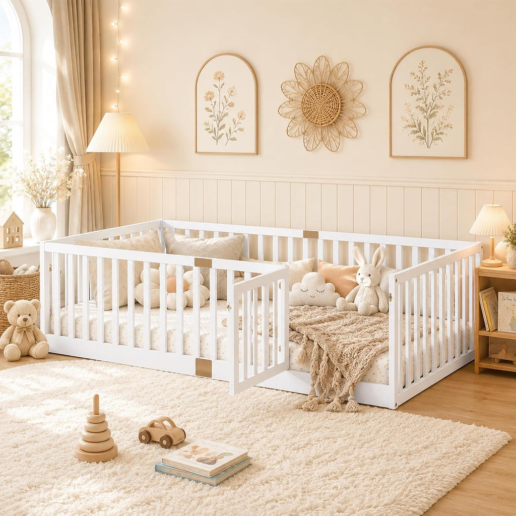 Twin Montessori Floor Bed with High Rails, Door & Slats for Kids, White