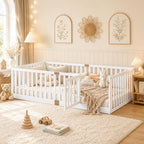 Twin Montessori Floor Bed with High Rails, Door & Slats for Kids, Natural