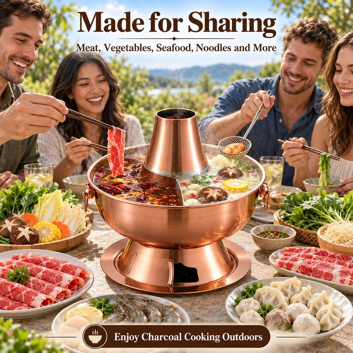 Charcoal Hot Pot, Chinese Charcoal Hot Pot Cooker for Camping (Gold)