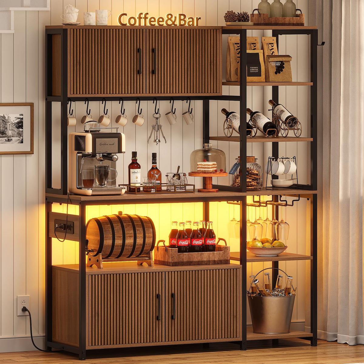 Itaar Bakers Rack with Power Outlet and LED Light, 45.3 Inch Farmhouse Coffee Bar Cabinet, Kitchen Microwave Stand with Storage, Glass Cabinet, Goblet Holder and 8 Hooks (Rustic Brown)