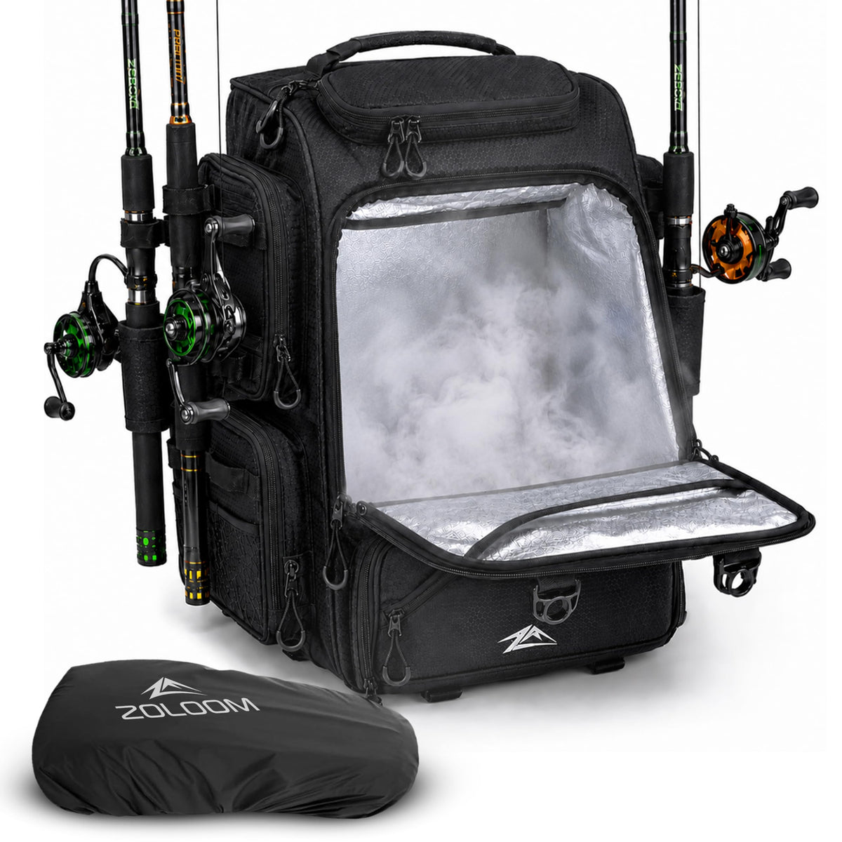 Waterproof Fishing Backpack with Tackle Boxes, Rod Holder & Foldable Net - 40L Fishing Tackle Bag with Trays Included, Extra Storage Gear and Equipment, Rain Cover, Fisherman Gift for Men