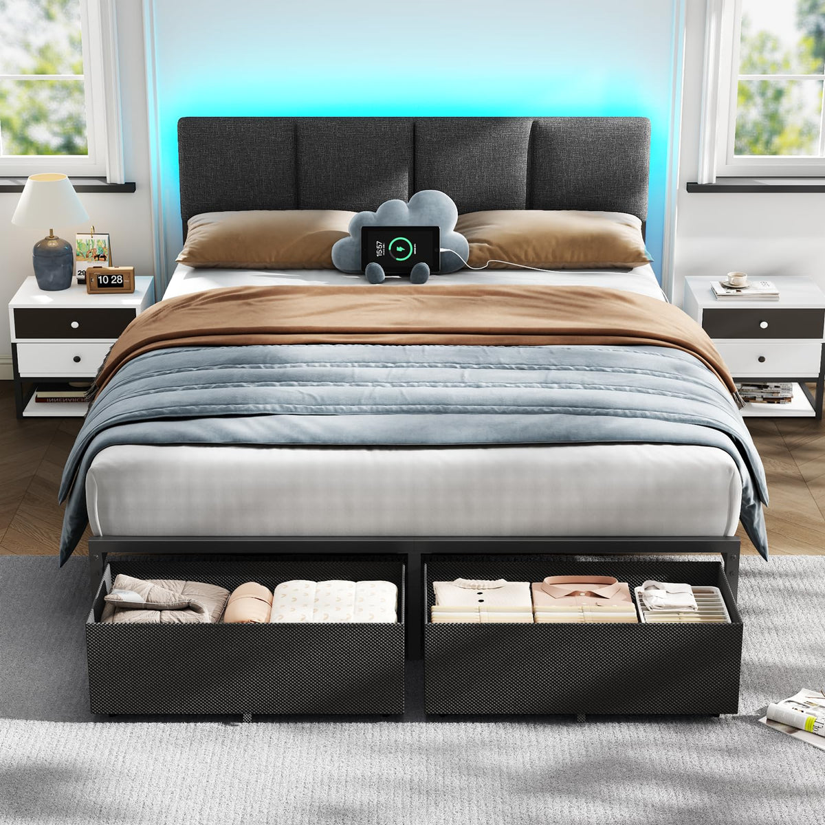 Furnulem Full Size Bed Frame with Upholstered Headboard & 2 Storage Drawers