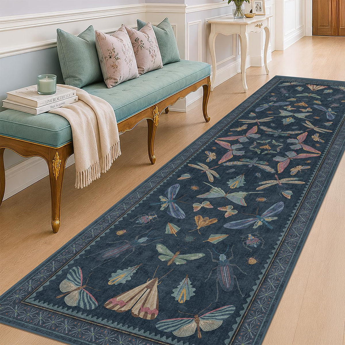 Hazo Haus Dark Green Insect Area Rugs 8x10 for Living Room, Dining Room Under Table, Bedroom, Unique Washable Floral Non Slip Low Pile Soft Rug