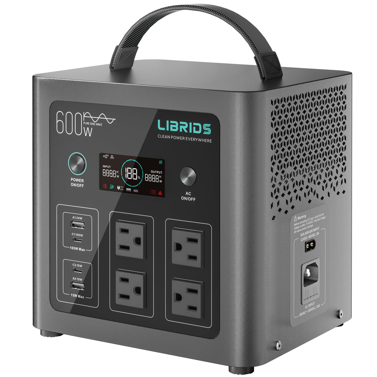 LIBRIDS Portable Power Station C600, 640Wh Solar Generator 600W 4 AC Output