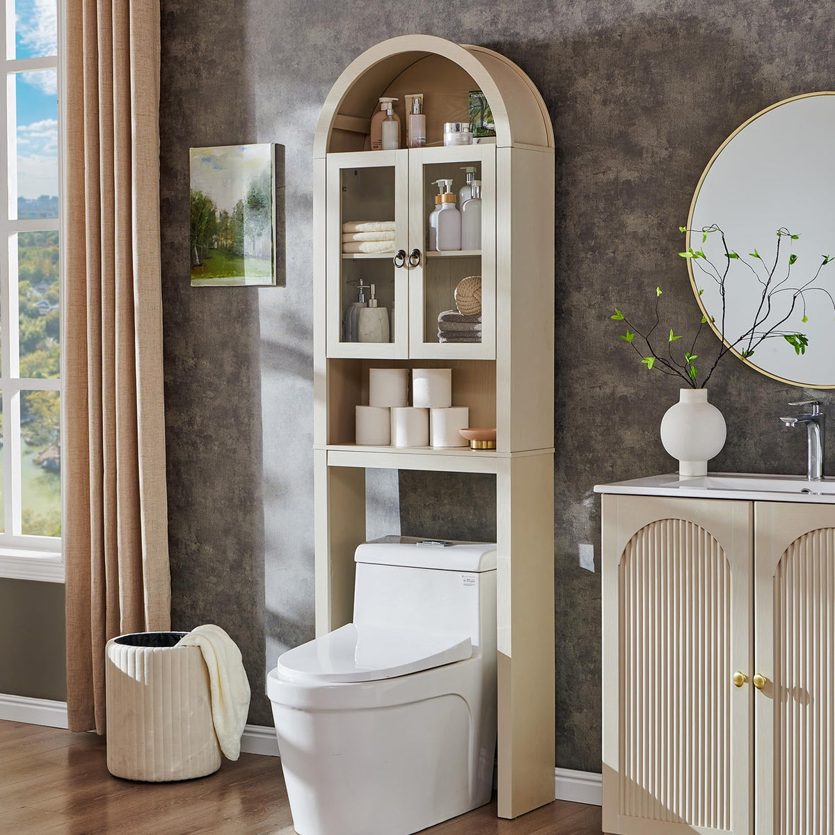 IFGET Arched Over The Toilet Storage Cabinet with Acrylic Doors,Dark Walnut