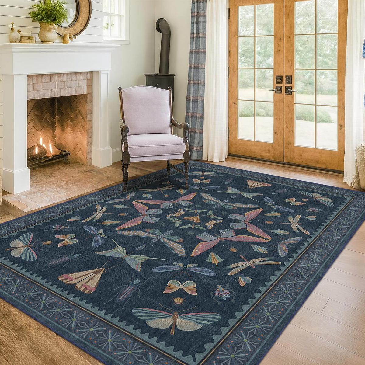 Hazo Haus Dark Green Insect Area Rugs 8x10 for Living Room, Dining Room Under Table, Bedroom, Unique Washable Floral Non Slip Low Pile Soft Rug