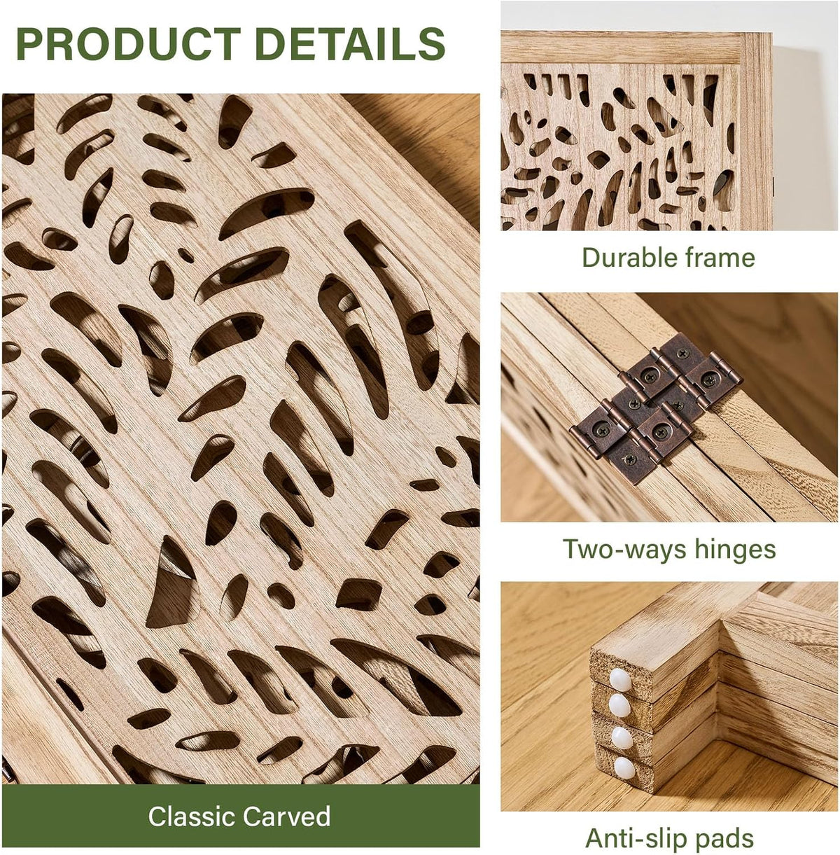 Leaf-Carved Room Divider Privacy Screen - 67 Inch Tall Foading Decorative Wood Screen Dividers Panel for Home - Natural Wood Room Partitions for Enhanced Privacy and Style Natural 4 Paned