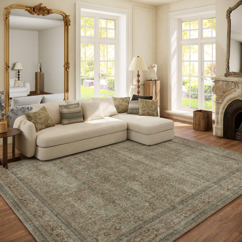Washable Area Rugs for Living Room: 9x12 Bedroom Rug Boho Vintage Area Rug Stain Resistant Non Slip Low Pile Lightweight Soft Carpets for Dining Room Kitchen Nursery Kids Room Playroom Home Office