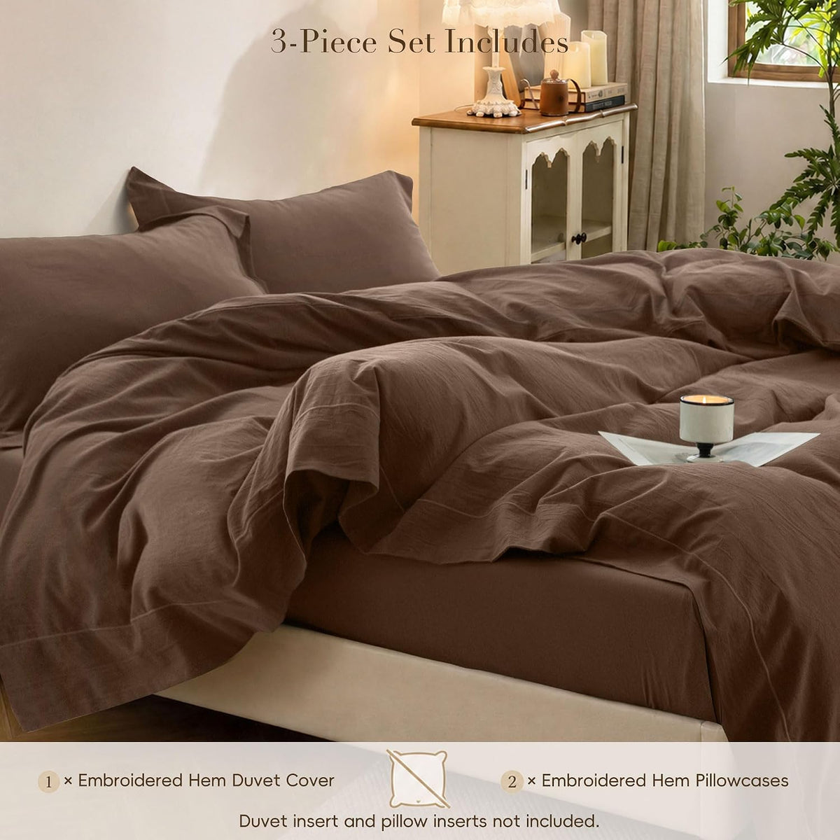 Duvet Cover Set Washed Cotton Embroidered Hem King 3‑Pcs
