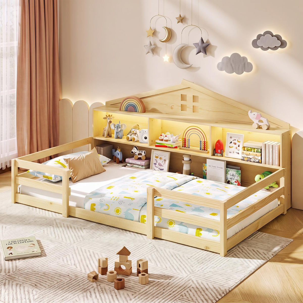 GIANTEX Twin Floor Bed with Fence for Kids, Wooden Montessori Bed Frame with Lockable Door & Guardrails, Low Floor Beds for Kids, Boys, Girls, No Box Spring Needed, Without Wood Slats, White