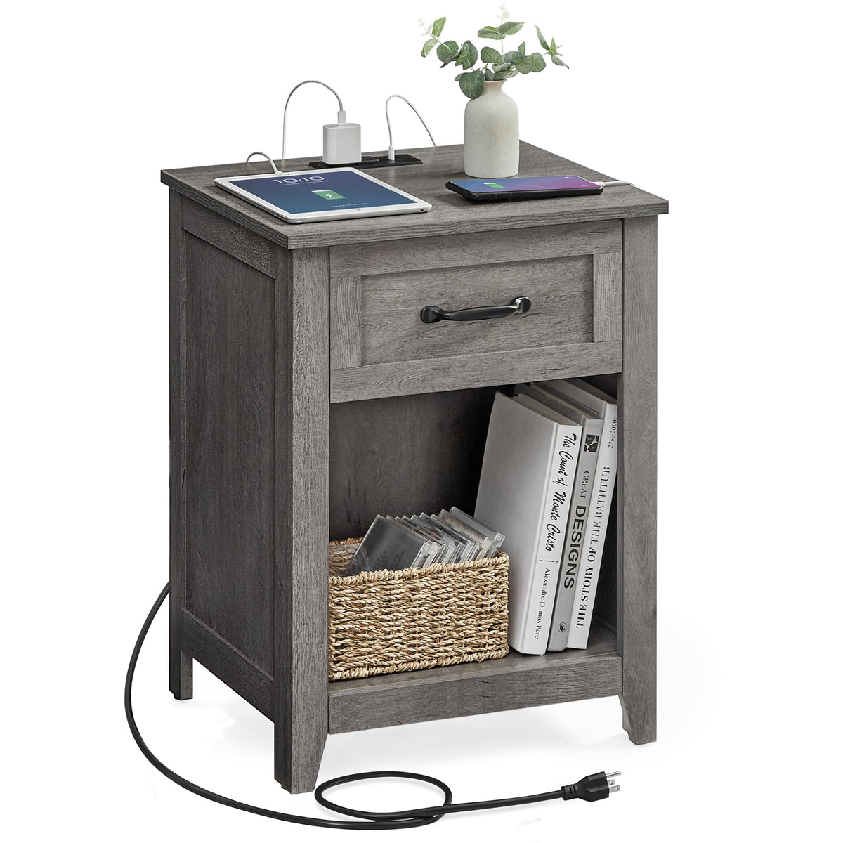 VASAGLE Farmhouse Nightstands with Charging Station, 1 Drawer, Set of 2