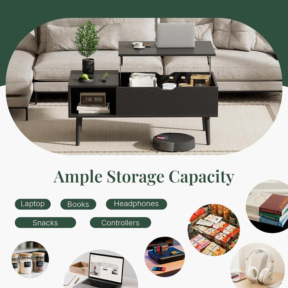 Coffee Table with Hidden Storage for Living Room, Home