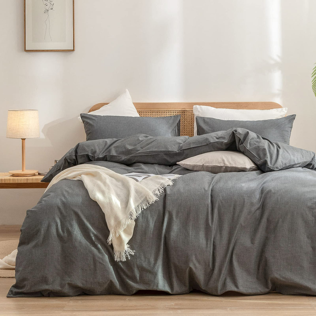 BESTOUCH Cotton Solid Duvet Cover Set Linen Feel Cornflower Blue Queen