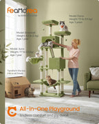 Feandrea Cat Tree, 81.1-Inch Large Cat Tower, Multi-Level Condo, Green