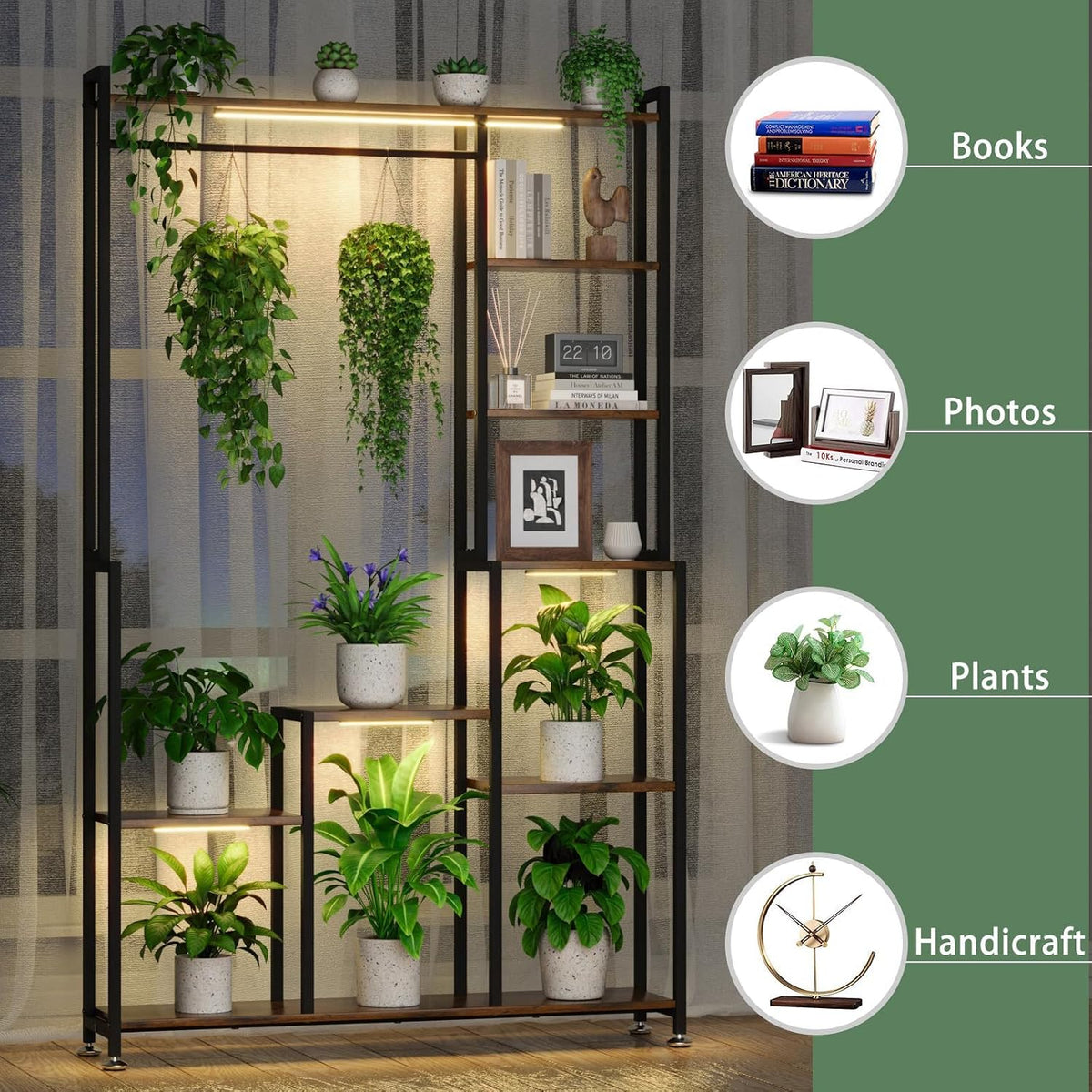71 Inch Tall Plant Stand: 8-Tier Heavy-Duty Metal Shelf with Grow Light - Modern Walnut & Black Display Rack for Indoor Plants - Living Room Balcony & Patio Decor