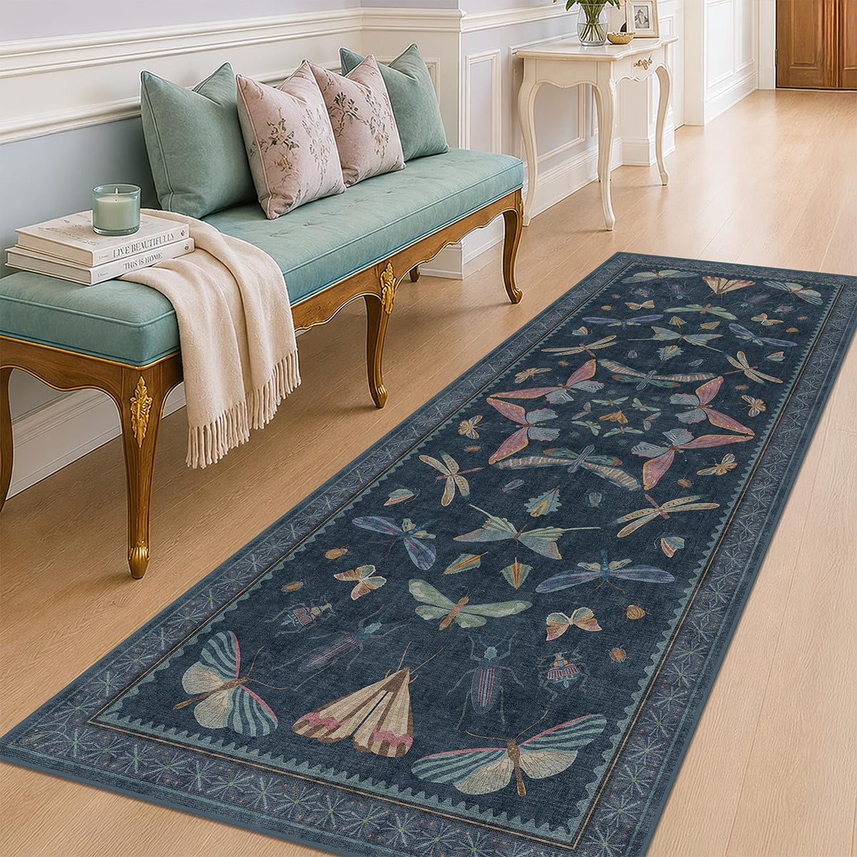 Hazo Haus Dark Green Insect Area Rugs 8x10 for Living Room, Dining Room Under Table, Bedroom, Unique Washable Floral Non Slip Low Pile Soft Rug