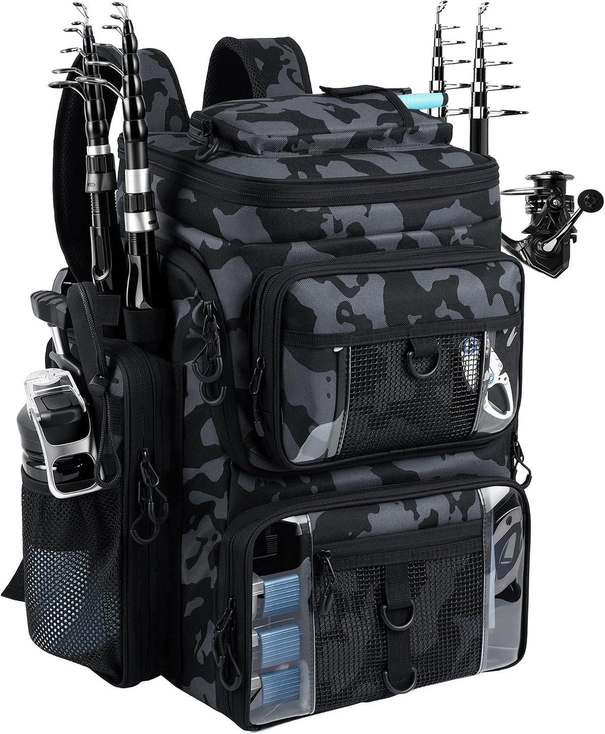 Fishing Tackle Backpack,55L Large Tackle Bag with 4 Rod Holders,Camouflage
