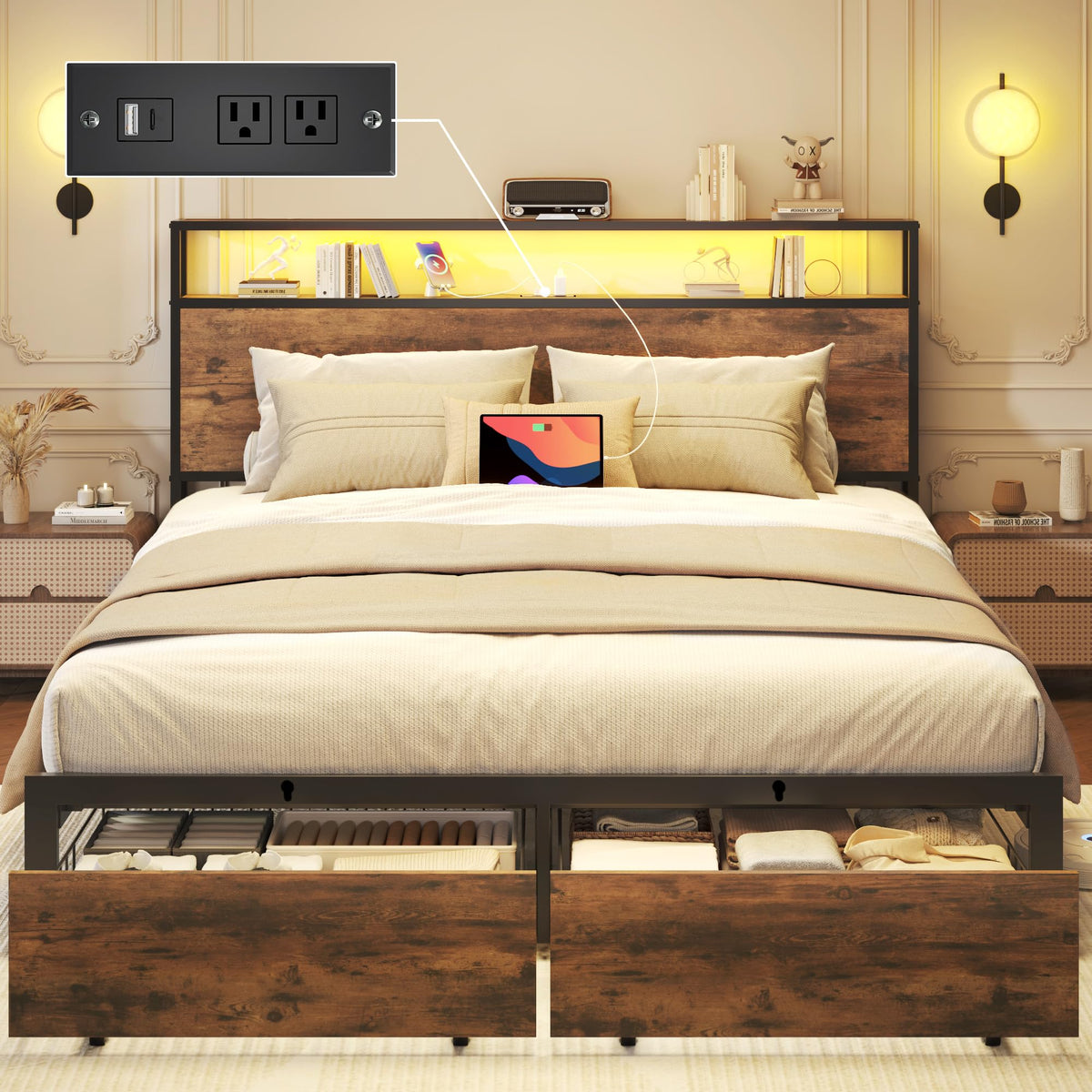Queen Bed Frame with Charging Station, LED Lights, 2 Drawers, Rustic Grey