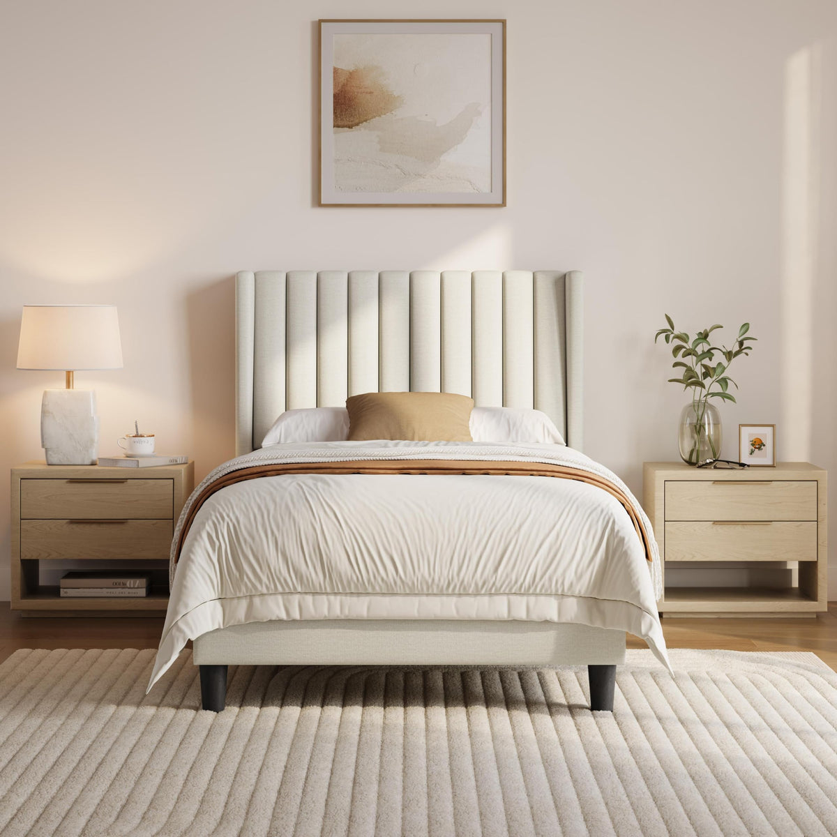 Yaheetech Queen Bed Frame with Headboard, Ivory Channel-Tufted Platform