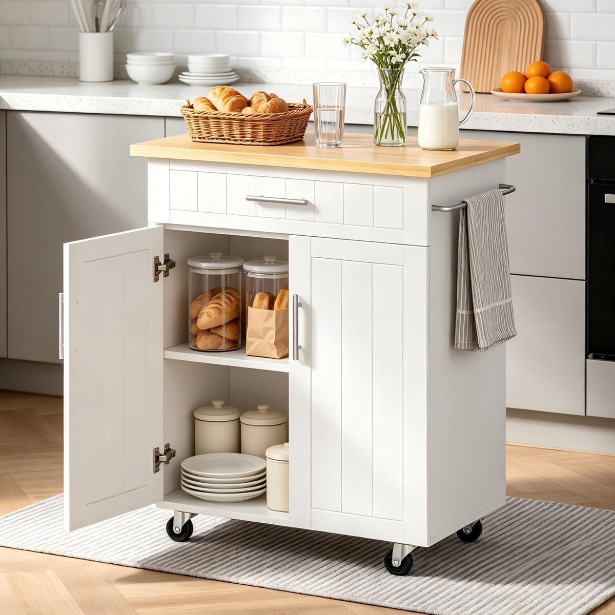 JY QAQA 26" Rolling Kitchen Island Cart on Wheels, Mobile Storage Cabinet with Drawer & Inner Shelves, Towel Rack, Lockable Casters, Wood‑Top Portable Prep Cart for Kitchen Dining Apartment, White