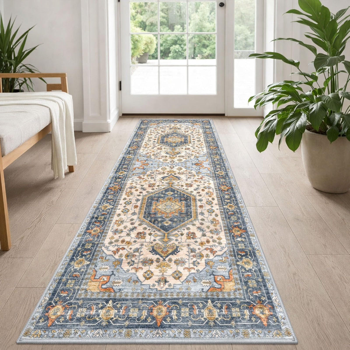 KUTA Vintage Extra Long Runners for Hallways 2.6x18ft Washable Blue White