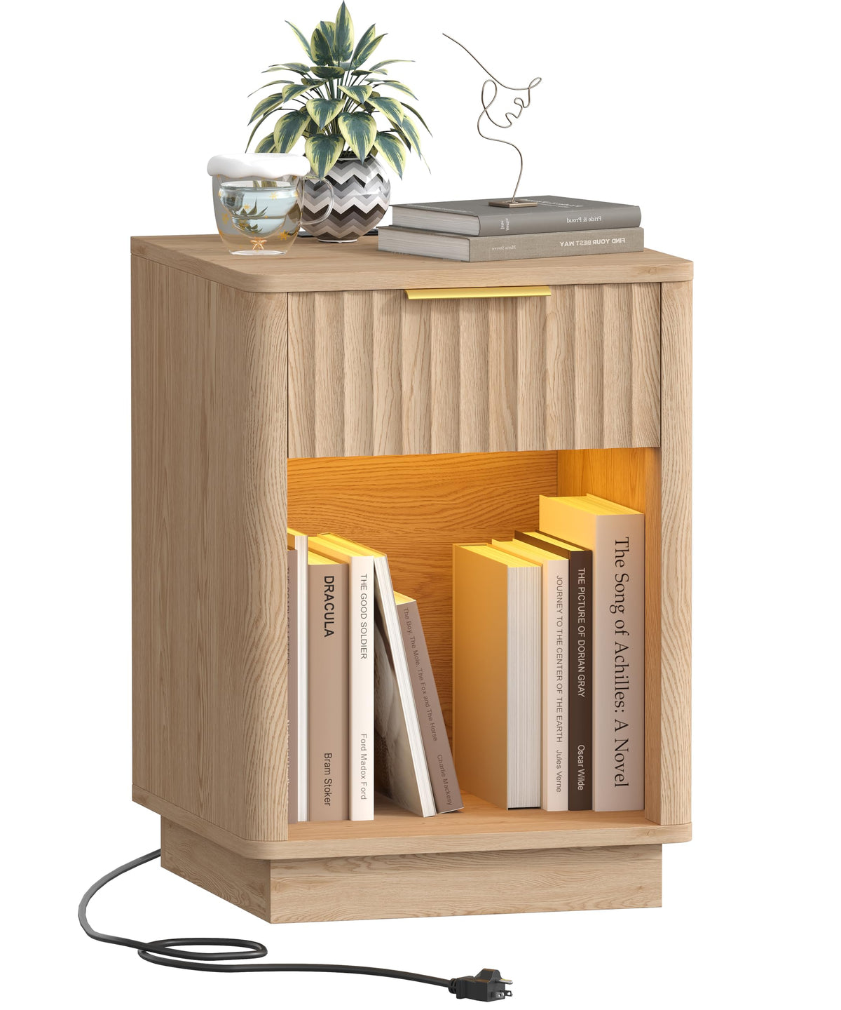 Akxomel Fluted Nightstand Set 2 Bedside Table with Charging Station Oak