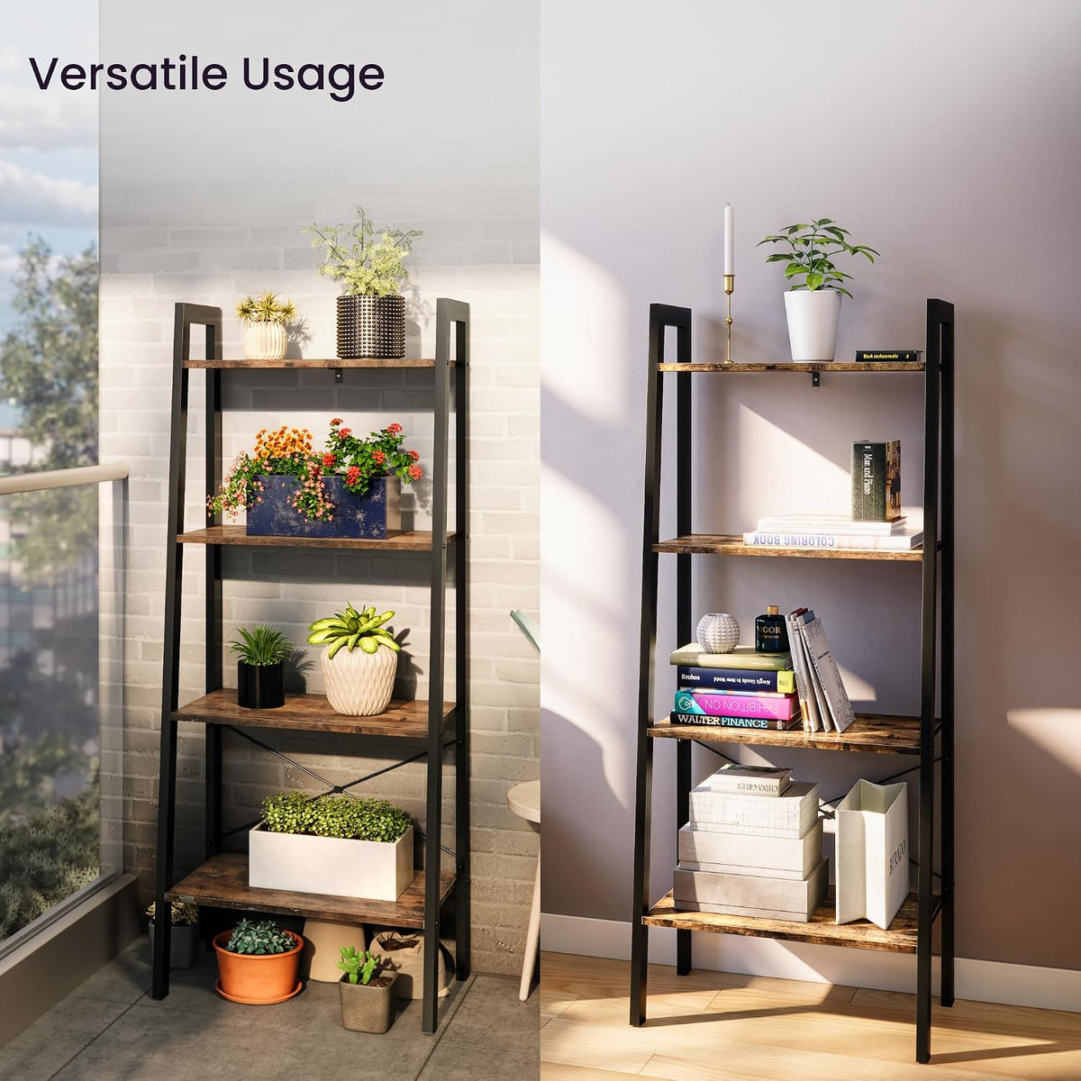 Ladder Shelf Bookcase, 4-Tier Bookshelf, Leaning Plant Stand, Storage Rack, Display Shelves with Steel Frame, Industrial Style for Living Room, Home Office, Kitchen, Bedroom - Rustic Brown and Black