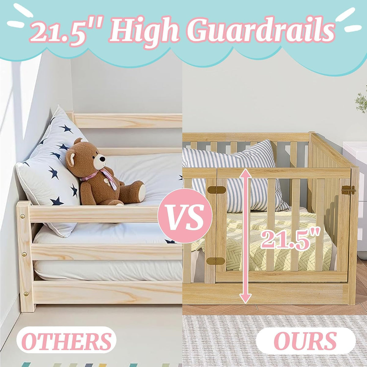 Full Montessori Floor Bed with High Rails, Door & Slats for Kids, Natural