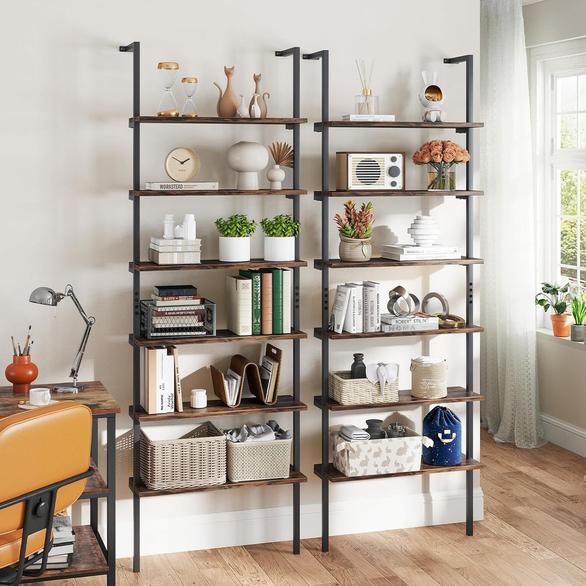 GIANTEX 6-Tier Ladder Shelf, 72" Wall Mounted Bookshelf with Metal Frame, Industrial Open Storage Shelves, Wooden Bookcase Display Rack for Living Room, Home Office, Bedroom (2,Rustic Brown)