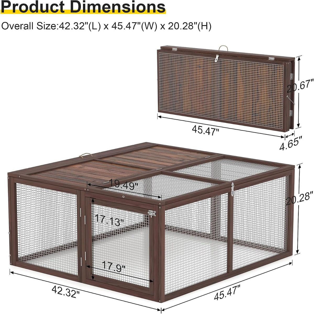 Portable Chicken Run Rabbit Hutch Folding Chicken Cage for Indoor/Outdoor,Top & Side Opening Doors Small Animal Pet Playpen No Assembly Required Poultry Pen 45"x 42"x 20" (Brown)