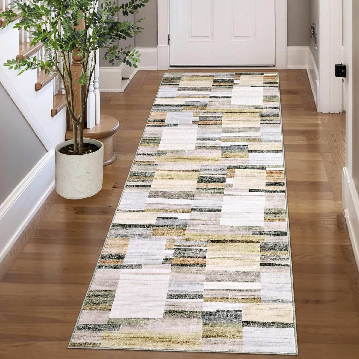 Modern Washable 8x10 Area Rug - Soft, Non-Slip, Stain Resistant, Farmhouse Tartan Plaid for Living Room, Bedroom, Nursery, Office - Beige