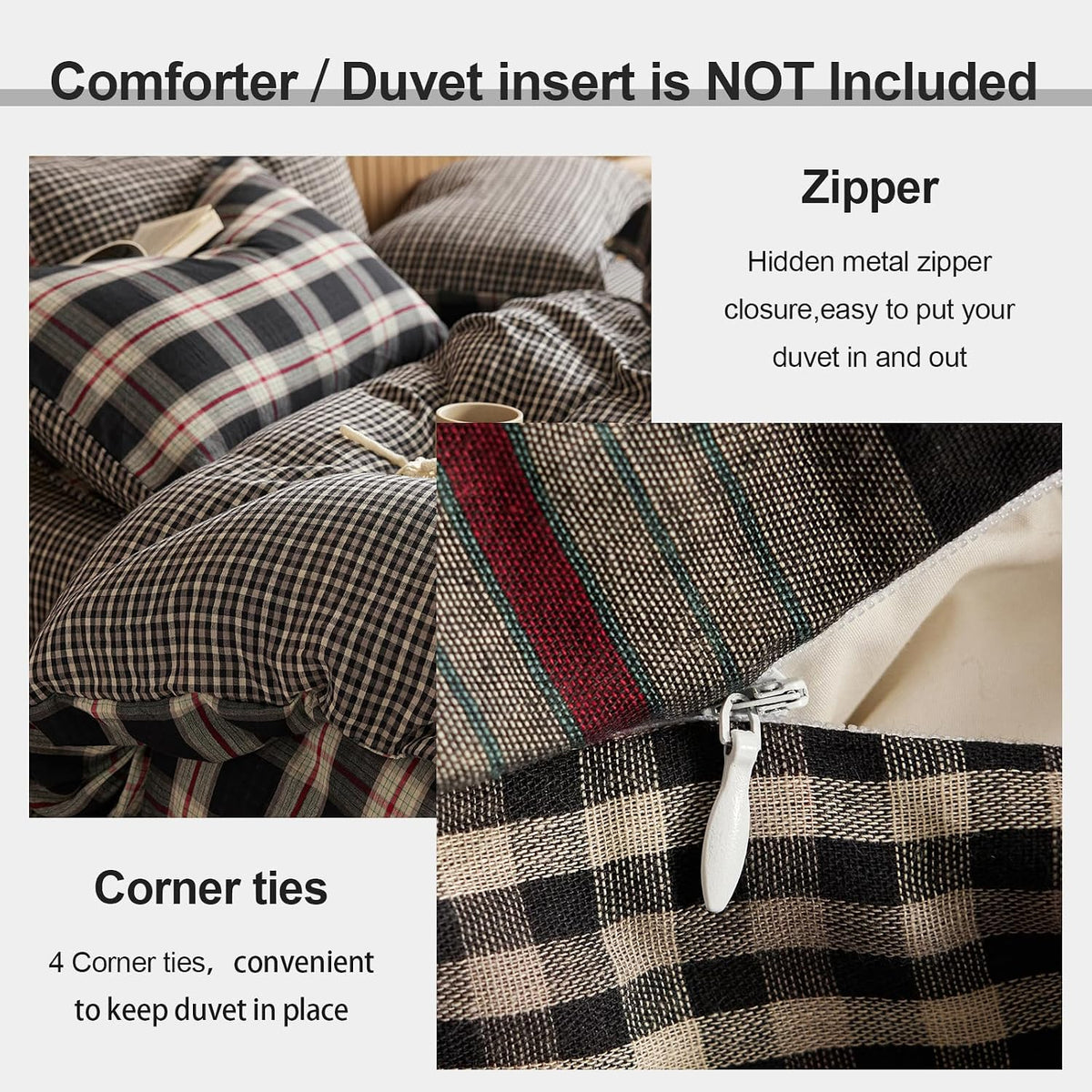 EAVD Vintage Buffalo Plaid Duvet Cover Queen Red&Black&Green Muslin Cotton
