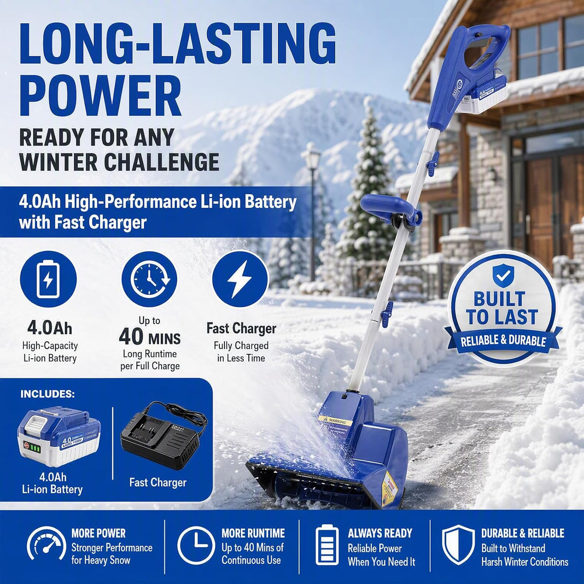 Cordless Snow Shovel, Electric Snow Blower Rechargeable Snow Thrower Snow Sweeper 11.02 Inch Wide w/4.0Ah Lithium Batteries with Ten Cells for Quickly Remove Both Thin & Thick Snow Cover