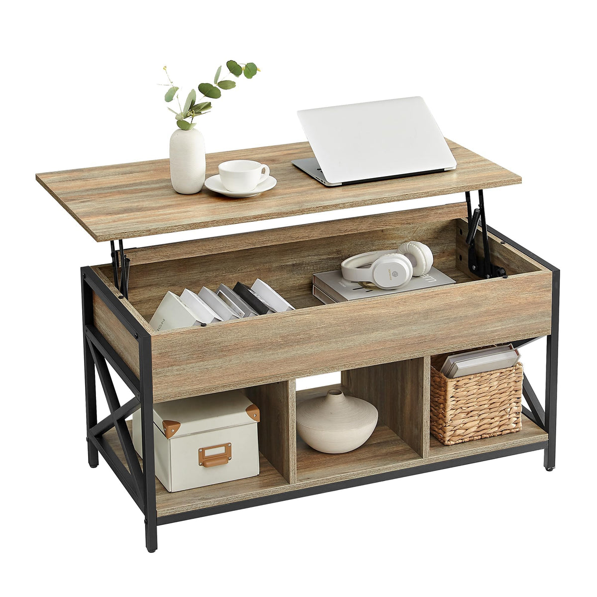 VASAGLE Lift Top Coffee Table with Storage Shelf, 3 Compartments