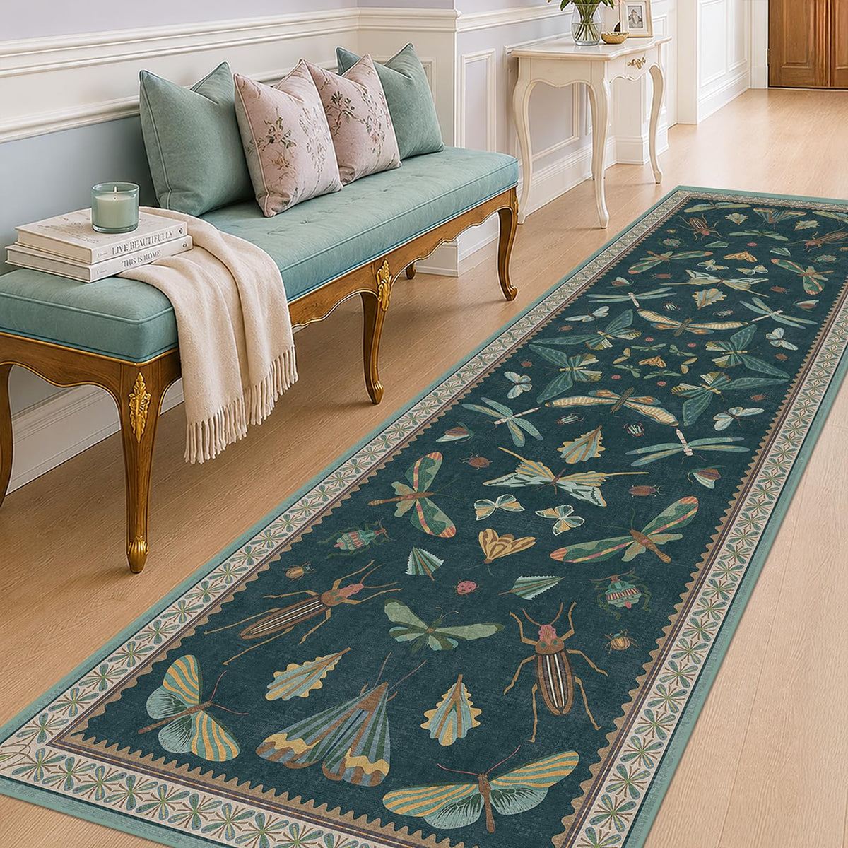 Hazo Haus Dark Green Insect Area Rugs 8x10 for Living Room, Dining Room Under Table, Bedroom, Unique Washable Floral Non Slip Low Pile Soft Rug