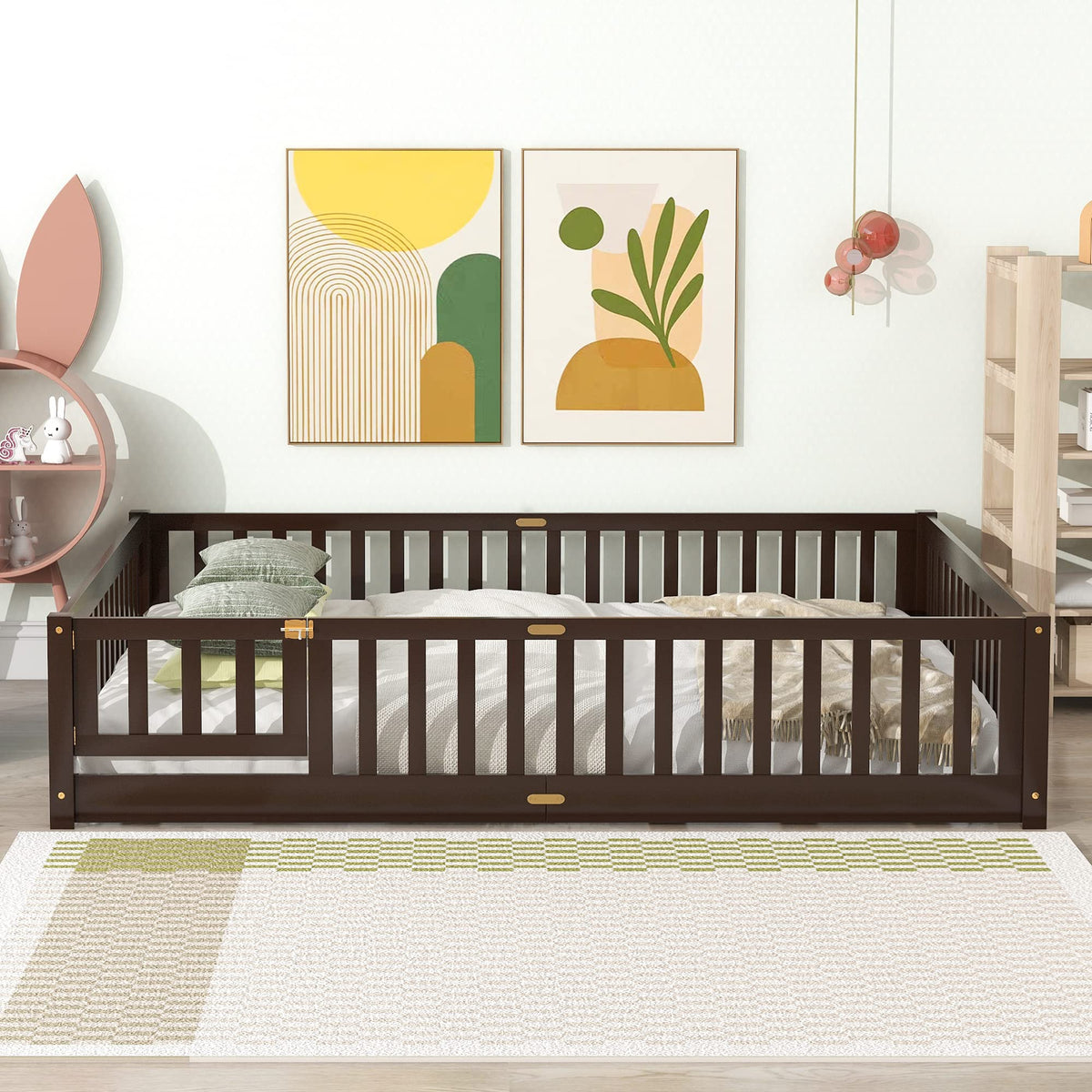 i-POOK Full Size Floor Bed for Children, Solid Wood Montessori Bed Frame with Fence & Door Montessori Floor Bed with Safety Guardrails for Girls and Boys, White (with Bed Slats)