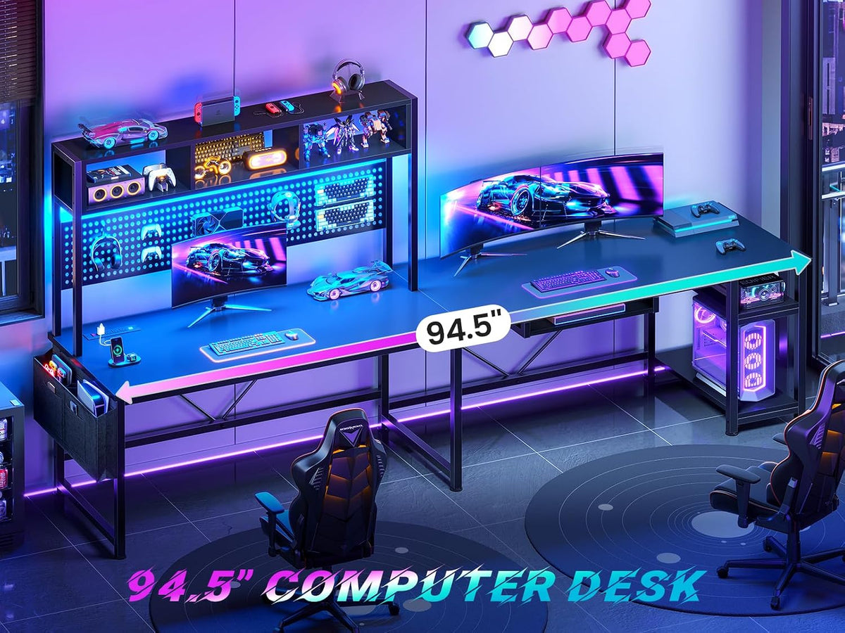 SEDETA 67" L Shaped Gaming Desk with Pegboard LED Lights and Power Outlet