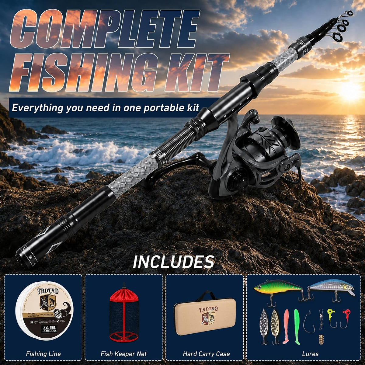 Fishing Rod and Reel Combo Kit—Telescopic Fishing Rod, Collapsible Fishing Rod, Portable Fishing Set w/Tackle Box, Lures & Bag, 4.2oz Carbon Fiber, 5.2:1 Anti-Twist Reel, Freshwater/Light Saltwater