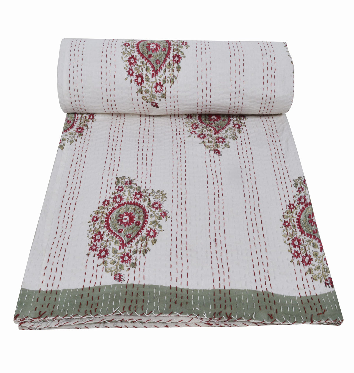 YUVANCRAFTS Indian Block Print Quilt Queen Kantha Quilts Kantha Throw Kantha Bedspread Blanket Cotton Bed Cover Vintage Quilt Boho Kantha Quilts Queen Size Quilt Blanket (Queen 90 X 108 Inch, White 4)