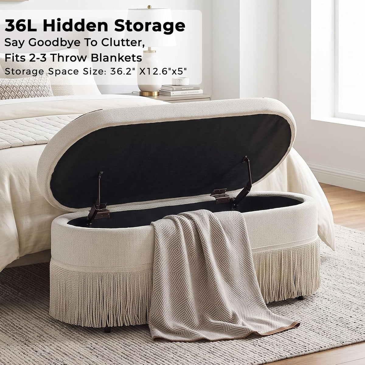 39.4“ Boho Storage Ottoman Bench with Tassels,Upholstered End of Bed Bench